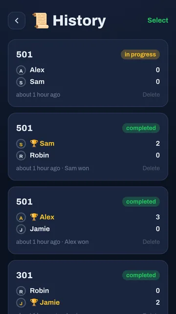 Match history list with results, legs won and in-progress games