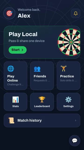 Dartender home screen with quick match setup, online play, friends and practice shortcuts