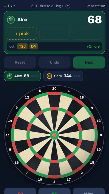 Dartender scoring a live 501 leg on the tappable dartboard, with checkout suggestion T20 D4