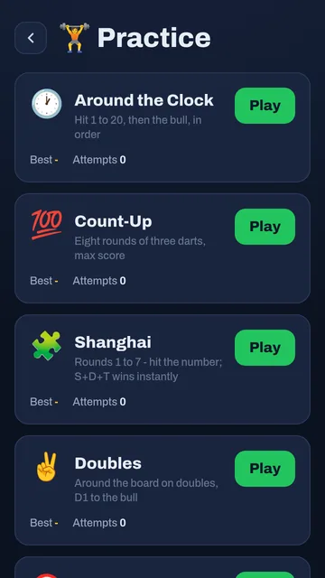 Practice hub listing the six free drills with best scores and attempts
